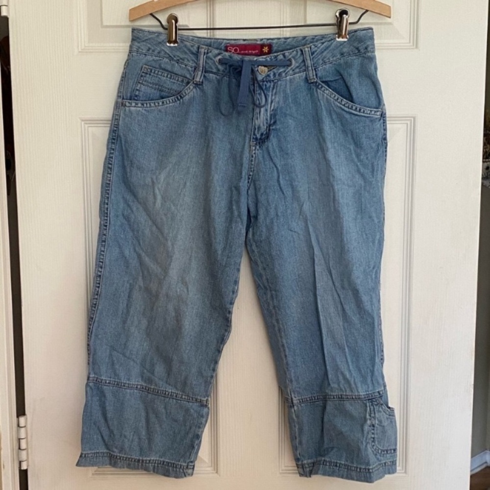 SO Light Blue Cropped Capris Relaxed Jeans with Drawstring